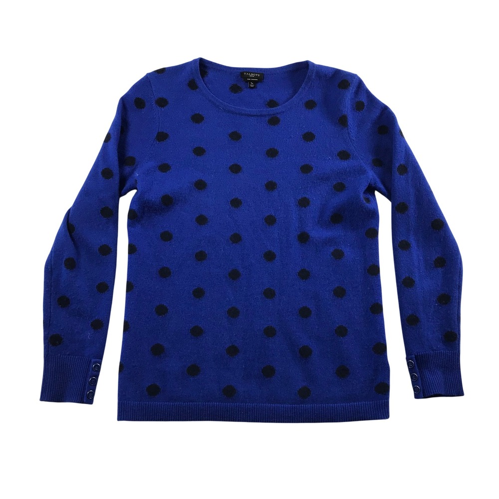 Talbots Petite Royal Blue 100% Cashmere Polka Dot Sweater SP Button Cuff Crew